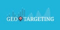 Geo targeting, global marketing, map with target icon, text word concept. Flat design vector banner.