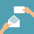 Flat design illustration of hand holding blank white open envelope and letter with space for your text, vector Royalty Free Stock Photo