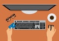 Flat design illustration of hand holding credit card, keyboard and computer mouse. Monitor on orange table top. Suitable for Royalty Free Stock Photo