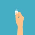 Flat design illustration of a hand holding an infrared remote control. Finger pressed the button, vector Royalty Free Stock Photo