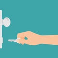 Flat design illustration of hand holding key and unlocking or locking entrance door. Isolated on green background, vector Royalty Free Stock Photo