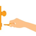 Flat design illustration of hand holding key and unlocking or locking entrance door, vector Royalty Free Stock Photo