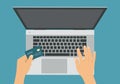 Flat design illustration of laptop and hand holding credit card for online internet shopping, vector Royalty Free Stock Photo