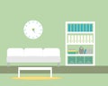 Flat design illustration of a living room with a seat, a bookcase with books and folders, a coffee table on a carpet and a clock