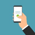Flat design illustration of male hand holding mobile phone. The manager enters the password on the touch screen, vector