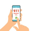 Flat design illustration of male hand holding smartphone. Emergency call for help on the phone number 911, vector Royalty Free Stock Photo