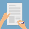 Flat design illustration of a man`s or woman`s hand holding a ballpoint pen. Signing a contract on a sheet of paper. Isolated on Royalty Free Stock Photo