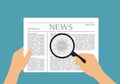 Flat design illustration of a man or woman`s hand holding a newspaper with an article about covid-19 and a pandemic. Magnifier an