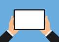 Flat design illustration of manager or businessman hands with tablet. Shows a blank white touch screen with space for your image