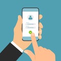 Flat design illustration of manager hand holding smartphone and clicking on login touch screen with username and password, vector