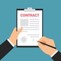 Flat design illustration of manager hand signing contract on white paper with pencil, vector