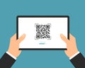 Flat design illustration of a manager`s hand holding a digital tablet with a QR code scan. Suitable for internet banking or Royalty Free Stock Photo