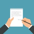 Flat design illustration of a manager`s hand holding a paper pad and a pencil. He writes notes in a notebook, vector Royalty Free Stock Photo