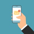 Flat design illustration of a manager`s hand holding a smartphone by notifying an incoming email or SMS. Envelope icon with one Royalty Free Stock Photo