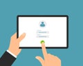 Flat design illustration of a manager`s hand holding a tablet. Enter username and password on the login screen, vector Royalty Free Stock Photo