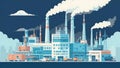 Flat design illustration of a modern factory with smokestacks, machines, and workers, using soft pastel colors