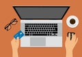 Flat design illustration of office workspace with laptop, hands holding computer mouse and credit card. Cup of coffee and glasses Royalty Free Stock Photo