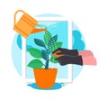Flat design illustration saves water. A person wearing a gardening glove is watering a potted plant using a watering can