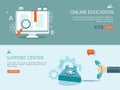 Flat design illustration set with icons and text. Online education and support center