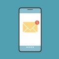 Flat design illustration of smartphone display with notification of incoming sms message or email. Yellow envelope with phone on Royalty Free Stock Photo