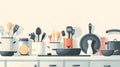 Modern kitchen setup with various utensils and cookware. home cooking concept illustration, clean design. cartoon style Royalty Free Stock Photo