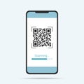 Flat design illustration of touch screen smartphone. QR code scanner with scanning text, vector