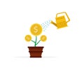 flat design illustration of watering a plant in a pot that growing money or coin, illustration of an investment Royalty Free Stock Photo