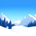 Flat design illustration of winter mountain landscape with hills, trees under blue sky and cloud, Icy mountains and clear blue sky Royalty Free Stock Photo