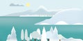 Flat design illustration of winter mountain landscape with lake, snow on top of mountains and snowy trees, under gray sky with cl