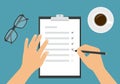 Flat design illustration of a woman`s or man`s hand filling out a task form with a pencil. Cup of coffee and glasses on a green Royalty Free Stock Photo