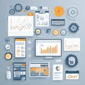 Flat Design Infographic Elements Showing Data Charts Graphs And Business Analytics Tools In Blue Orange And White Royalty Free Stock Photo