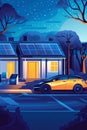 Flat-design infographic illustrating a residential solar setup with battery storage for nighttime energy usage.