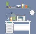 Flat design interior concept of work place with laptop, lamp, to do list, working programs on monitor, organizer, shelf, books, Royalty Free Stock Photo