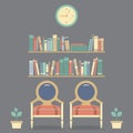 Flat Design Interior Vintage Chairs and Bookshelf