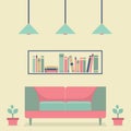 Flat Design Interior Vintage Sofa and Bookshelf