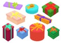Flat design isometric gifts boxes set. Bright, colorful present and gift boxes with ribbon bows. Birthday and christmas