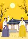 Flat design of korean girls wearing hanbok