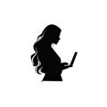 A flat design laptop silhouette shows a businesswoman focused on coding, symbolizing software development and technology Royalty Free Stock Photo