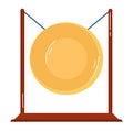 Flat design of a large yellow gong on a wooden stand with a blue mallet attached to it. Musical instrument theme vector