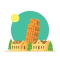 Flat design of the leaning tower of Pisa Italy with village