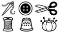 Flat design line art close up sewing icons set needle thread button scissors spool thimble pincushion arranged on white clean Royalty Free Stock Photo