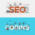 Flat design line concept banner- Seo and Coding