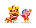 Flat design of lion dance with big head buddha performance for Chinese New Year Royalty Free Stock Photo