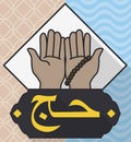 Pilgrim Hands Praying, Misbaha and Sign for Hajj Pilgrimage, Vector Illustration