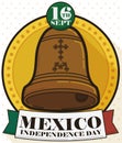 Round Button with Bell and Ribbon for Mexican Independence Day, Vector Illustration