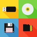 Flat design long shadow styled modern vector icon set of data storage devices
