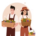 Flat design of male and female farmers harvesting fruit Royalty Free Stock Photo