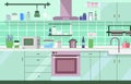 Flat Design of Modern Kitchen Interior in Restaurant with Storage Shelves and Stove Royalty Free Stock Photo