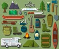 Flat design modern vector illustration of camping and hiking equipment set. Travel and vacation items, car rubber boat and shoes,