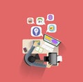 Flat design modern vector illustration concept of businessman creative office work space, Top view of desk background